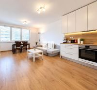 Living area with kitchen and wood-patterned flooring in a 2-room apartment.