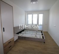 A bright bedroom in a two-room apartment with wood-patterned flooring and a large window.
