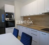 A modern kitchen with white furniture and a wooden decor floor in a two-room apartment.