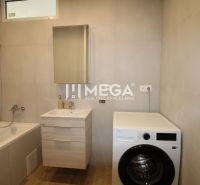 Bathroom in a 2-room apartment with a bathtub, washing machine, and floor with wood decor.