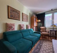Living room in a 3-room apartment with a turquoise sofa and decorative pillows.
