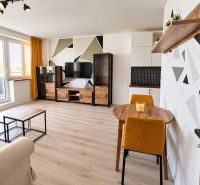 A bright living room with colorful details and a wood-patterned floor in a 2-room apartment.