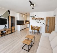 Living room with a kitchenette and a wooden decor floor in a 2-room apartment.