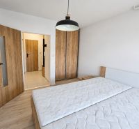 A bedroom in a 2-room apartment with a bed, wardrobe, and wooden decor flooring.
