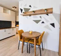 A kitchen corner in a 2-room apartment with a wooden decor floor and a geometric wall design.