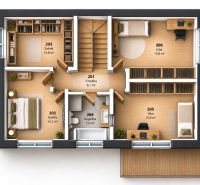 Floor plan of a family house with three rooms, a bathroom, and a walk-in closet.