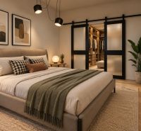 A bedroom in a family house with glass doors and a wooden decor floor.