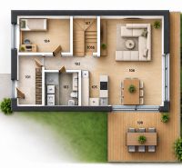 Floor plan of a family house with a wooden decor floor, terrace, and garden.