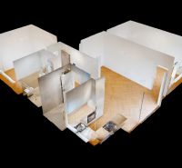 3D model of a 3-room apartment with a wooden decor floor and spacious rooms.