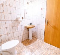 A bathroom in a family house with tiles and a toilet next to the sink.