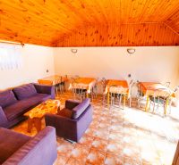Living room with a purple sofa, dining tables, and a wooden-patterned floor.