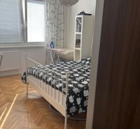 A bedroom in a two-room apartment with a bed and a wooden decor floor.