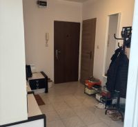 Entrance hall in a 2-room apartment with tiles and light furniture.