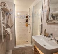 Bathroom in a family house with a walk-in shower, decorative mirror, and cozy lighting.