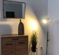A mirror, a cabinet with a wooden floor decor, and a lamp create an atmosphere in a 2-room apartment.