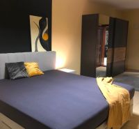 A bedroom with a double bed, a wardrobe, and abstract art in a 2-room apartment.