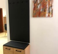 A dresser and a coat rack with a black panel in the hallway of a 2-room apartment.