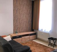 Living room in a two-room apartment with a wooden decor floor and a black sofa.
