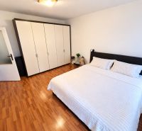 A bedroom with wood-patterned flooring and a large wardrobe in a studio apartment.