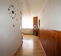 A hallway in a 3-room apartment with a wooden decor floor and wall clock.