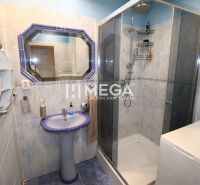 A bathroom in a 3-room apartment with a blue sink, shower, and washing machine.