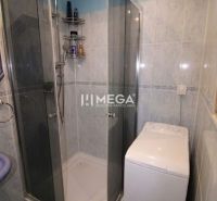 A bathroom in a 3-room apartment with tiles, a shower corner, and a washing machine.