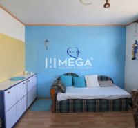 A room with a blue wall, a sofa, and a wardrobe in a three-room apartment with a wooden decor floor.