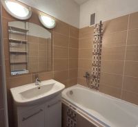 Bathroom with a shower tub in a 2-room apartment, light tiles, washbasin cabinet.