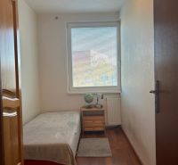 Bedroom in a 2-room apartment with a bed, nightstand, and floor with wood decor.