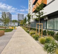 A building with surrounding greenery at Muchovo námestie in Bratislava, near a 2-room apartment.