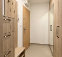 A hallway in a 2-room apartment with built-in wardrobes and a coat rack in light wood decor.