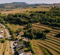 Aerial view of the landscape in Recreational Lands, Školská Street, Čierny Balog, surrounded by greenery.