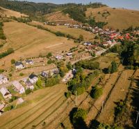 A top view of houses and landscape on Školská Street, Čierny Balog, Recreational plots.