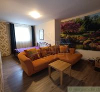 Living room in a family house with an orange sofa and nature wallpaper.
