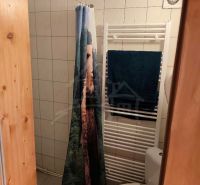 A bathroom in a cabin with a tiled wall, a curtain, and a heating element.
