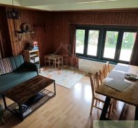 The living room of the cottage with a comfortable sofa and a table, wooden decor flooring.