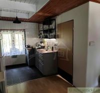 Kitchen area in a cabin with wooden floor decor and brick wall.