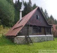 A cottage in Rajecká Lesná surrounded by forest with smoke coming from the chimney.
