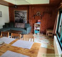 Wooden interior of a cabin with a sofa, table, and toys on the floor with wooden decor.
