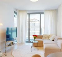 Living room in a 2-room apartment with a comfortable sofa, television, and large windows.