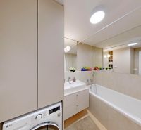 A bathroom in a 2-room apartment with a bathtub, washing machine, and mirror, simple design.