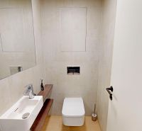 Bathroom in a 2-room apartment with a sink and a floor with a wood decor.