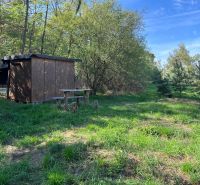 Gardens in Kopčany with a wooden shelter surrounded by trees and green grass.