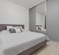 A bedroom with a large bed, built-in wardrobe, and wooden decor flooring in a two-room apartment.