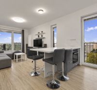 Living room with a kitchenette and a wooden decor floor in a 2-room apartment.