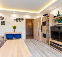 Interior of a 3-room apartment with wood-patterned flooring, a TV, and a dining table.
