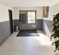 Entrance hallway with gray tiles and a plant in a 3-room apartment.