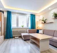 Living room in a 3-room apartment with a wooden decor floor and blue curtains.