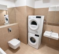 Bathroom of a two-room apartment with a shower, sink, toilet, and a washer with a dryer.