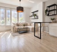 Living room with kitchen, sofa set, and wooden decor flooring in a two-room apartment.